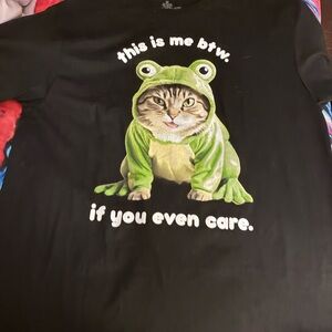 Hot Topic Black Tee with Cat in Green Frog Outfit